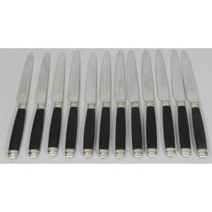 Set Of 12 Large Empire Style Ebony And Stainless Steel Table Knives, Circa 1950