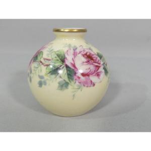 Les Roses, Very Small Hand Painted Limoges Porcelain Ball Vase