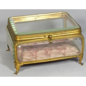 Large Napoleon III Jewelry Box In Brass And Beveled Glass, 19th Century