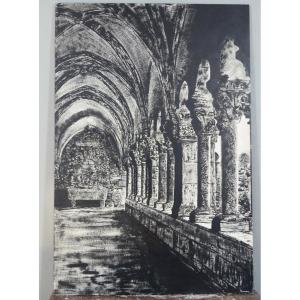 The Cloister Of The Abbey, Very Large Black And White Painting On Wood, Late 20th Century