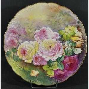 Les Roses, Very Large Decorative Dish Hand Painted Limoges Porcelain