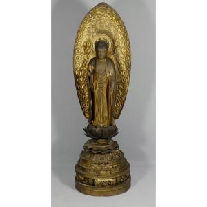 70.5 cm! Bouddha Amida En Bois Sculpt&eacute; Dor&eacute; Et Laqu&eacute;, Japon, P&eacute;riode Edo, XIX &egrave;me Si&egrave;cle