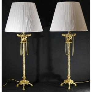 Pair Of Large Candlestick Lamps With Winged Lions In Gilt Bronze, Restoration Period, 19th Century 