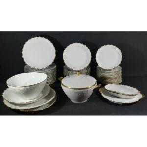 12 Person Service In Limoges Porcelain, White And Gold Relief Decor