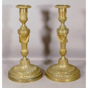 Pair Of Louis XVI Candlesticks In Gilt Bronze, Late 18th Century 