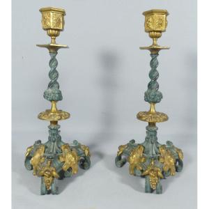 Pair Of Neo-renaissance Candlesticks In Gilt Bronze And Green Patina, 19th Century 