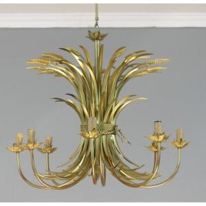 Giltes Metal 8-light Wheat Ear Chandelier, Coco Chanel Style, Circa 1980