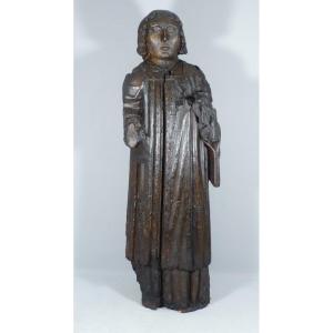 15th Century Sculpture, Saint Or Monk In Carved Oak Wood