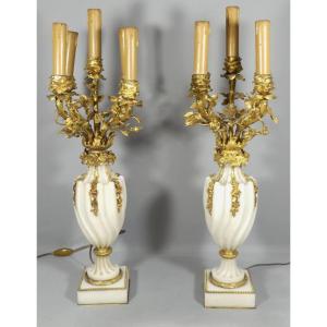 Pair Of Louis XVI Style Candelabra Lamps In Spiral White Marble And Bronze With Roses, 19th Century