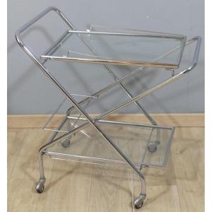 Trolley, Folding Rolling Bar In Chromed Metal And Glass, 1970-1980 Period