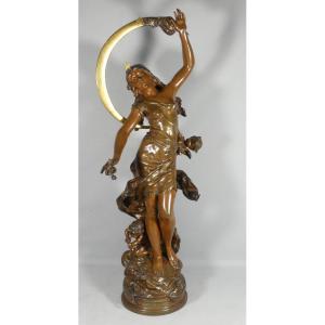 78 Cm! Nuit d'Eté Grand Bronze Tournant Par Louis Auguste Moreau Salon De 1894 