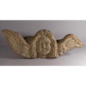 Angel, Cherub With Outstretched Wings In Sculpted Granite Stone, 16th-17th Century