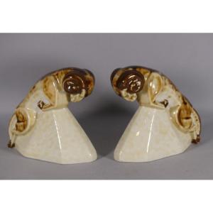 Camille Tharaud Limoges, Pair Of Art Deco Porcelain Rams Bookends