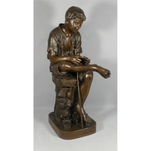 Joseph Ascoli (1847-1929), Le Jeune Pêcheur, Grand Bronze 57 Cm à Patine Brune