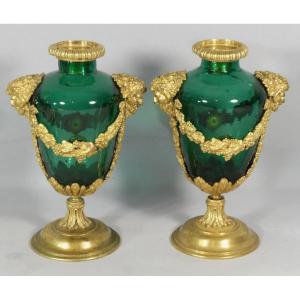 Paire De Vases Cassolettes Louis XVI En Verre Et Bronze, époque XIX ème