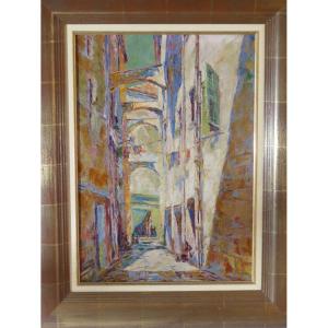 Hermann Wagner, Ruelle Du Sud Avec Linge Aux Fenêtres, Tableau Huile Sur Toile Daté 1926