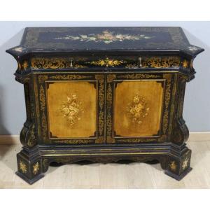 Meuble d'Appui, Buffet Napoléon III Peint De Fleurs Sur Fond Noir Et Doré, époque XIX ème