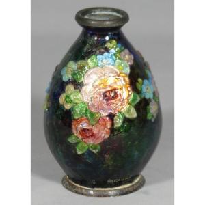 Camille Fauré, Enamel Vase, Limoges Enamels Flower Decor