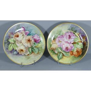 Les Roses, Paire De Plats Décoratifs En Porcelaine De Limoges Par Desgropes