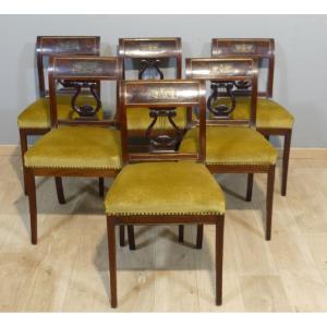 6 Empire Style Lyre Chairs In Mahogany, Late 19th Century