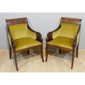 Pair Of Empire Style Mahogany Swan Armchairs, Late 19th Century