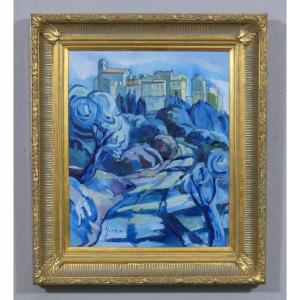 Village Of Carros By Thierry Grenier, Oil On Canvas In Shades Of Blue