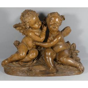 Fernand Cian, Les Cherubins, Angelot Grand Groupe Sculpture En Terre Cuite, époque Début XX ème