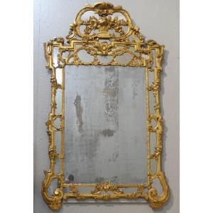 Large Provencal Mirror With Glazing Beads In Gilded Carved Wood, Louis XVI Period, Late 18th Century