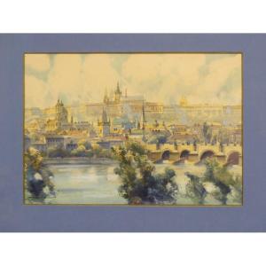 Prague, Pont St Charles Et Le Château, Aquarelle Par Oskar Schmidt