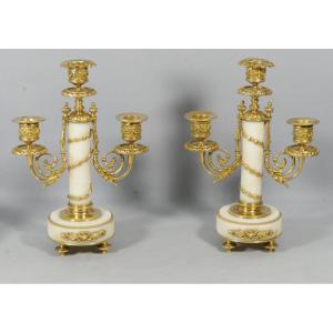 Pair Of Louis XVI Style Chadeliers In White Marble And Gilt Bronze, Late 19th Century