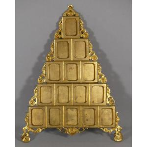 Family Photo Frame, Gilt Bronze Portraits, Pyramid Shape, 19th Century