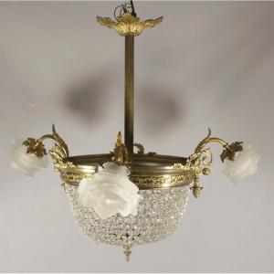 Lustre Style Louis XVI Sac De Perles Corbeille Et 3 Bras De Lumière Vers 1920