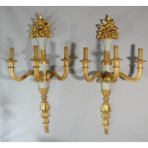 Pair Of Large Louis XVI Wall Lights In Gilded And Lacquered Wood, Late 19th Century