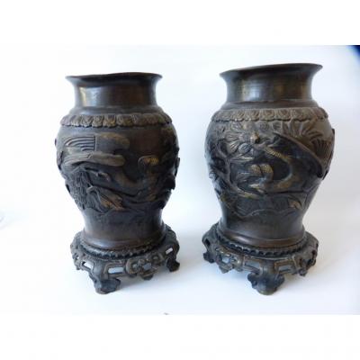 Pair Of Chinese Vases To Phenix, Bronze, XIXth Era