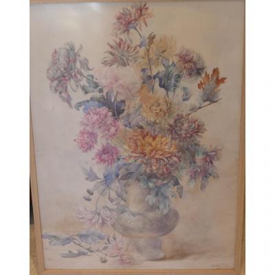 Bouquet Of Chrysanthemums, Watercolor Signed Mathilde Levant