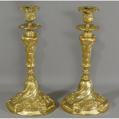 Pair Of Candlesticks, Candlesticks In Gilt Bronze, Late Nineteenth Time Style Napoleon III