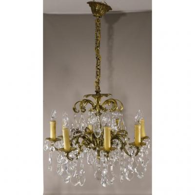 Chandelier In Bohemian And Bronze Crystal Boards, 8 Lights, Time Around 1960