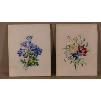 Pair Of Gouaches On Velin, Bouquets Of Flowers, Charles X Period