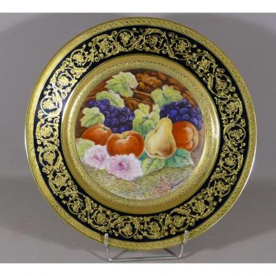 Leroussaud, Large Collection Plate Hand Painted With Fruits And Fine Gold Inlay