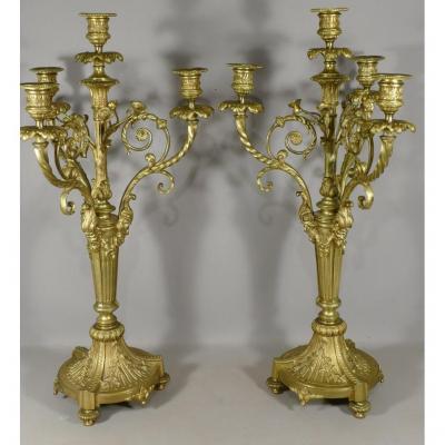 Pair Of Louis XVI Style Candelabra Candlesticks In Gilt Bronze, Napoleon III Period