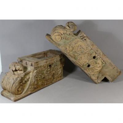 Pair Of Ravens From Polychrome Carved Wood Fireplace, XVIIIth Century