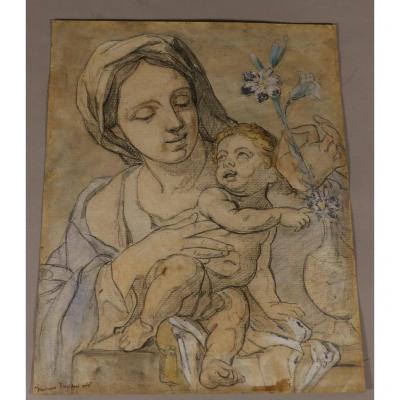 Francesco Trevisani After, Virgin And Child, Enhanced Pencil Drawing, XVIIIth Century?