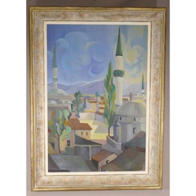 View Of The Roofs Of The Mosque, Oil On Canvas Signed Lebaud, Around 1950