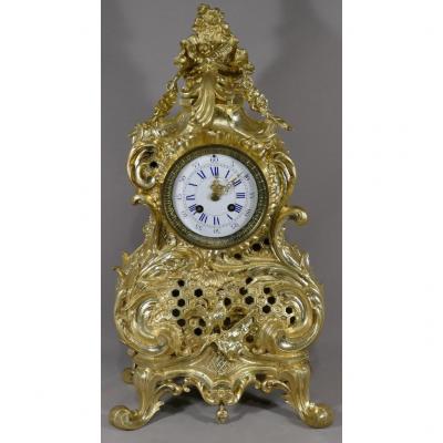 Large Louis XV Rocaille Clock With Rooster And Flag, Gilt Bronze XIXth Time