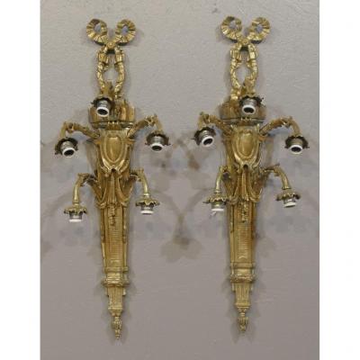 99 Cm! Pair Of Very Large Louis XVI Style Wall Lights In Gilt Bronze, XXth Time
