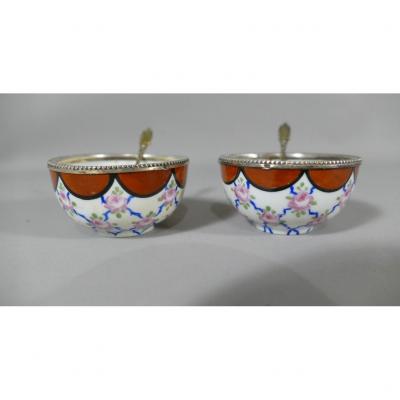 Pair Of Porcelain And Sterling Silver Salarons, Around 1920