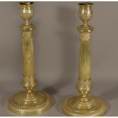 Pair Of Bronze And Brass Guilloché Candlesticks, Restoration Period, XIX
