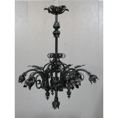 Neo-gothic Style Chandelier Viollet Le Duc In Iron And Sheet Metal, Late Nineteenth Time