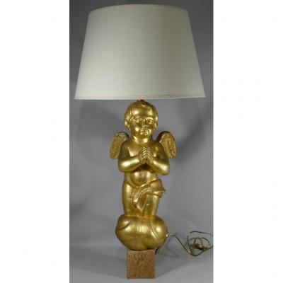 Grande Lampe à l'Angelot En Bois Doré, Epoque XIX ème Siècle