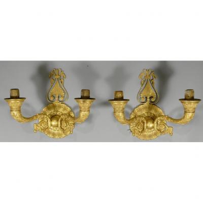 Pair Of Charles X Restoration Wall Lights In Gilt Bronze With Mercury, XIX